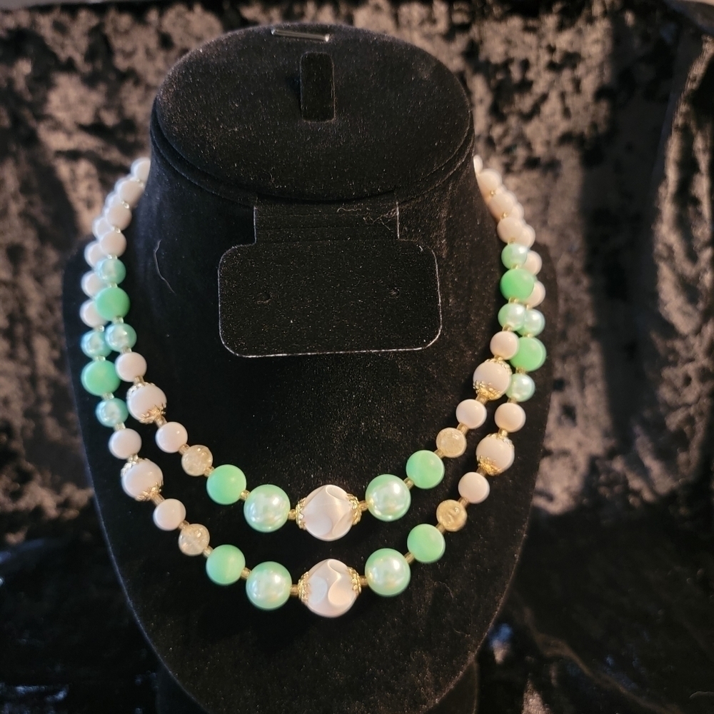Vintage Double Strand Green and White Beaded Choker Necklace
